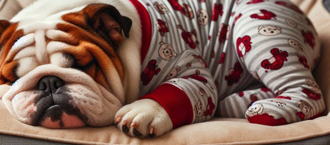 Brachycephalic Airway Syndrome English Bulldog sleeping in pajamas.