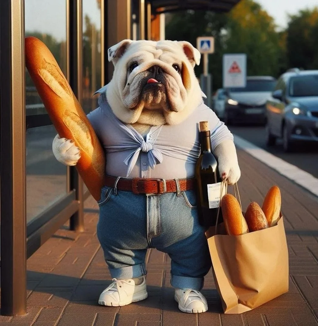 English Bulldog with his baguettes English Bulldog with his baguettes