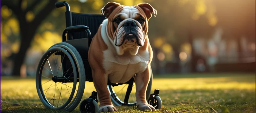 An English Bulldog in a wheelchair at a park.