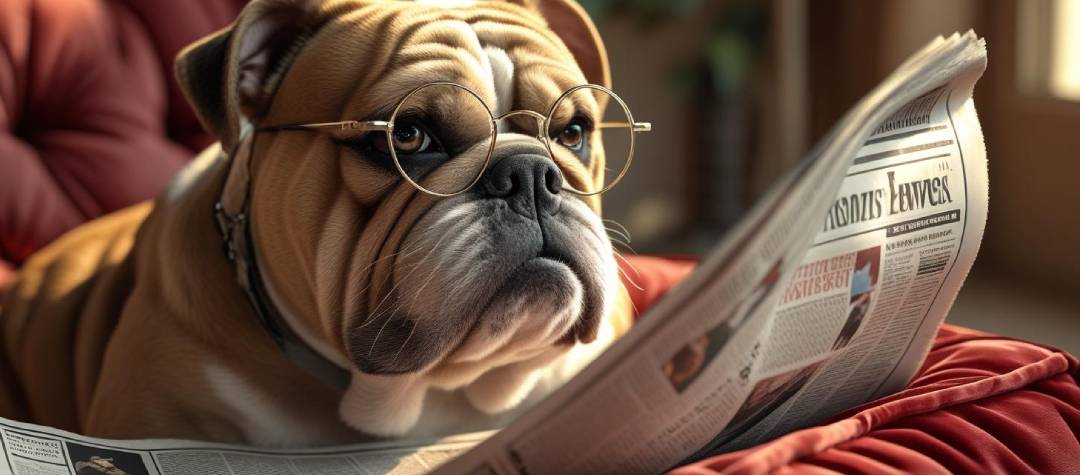 Bulldog Reading a paper wearing glasses