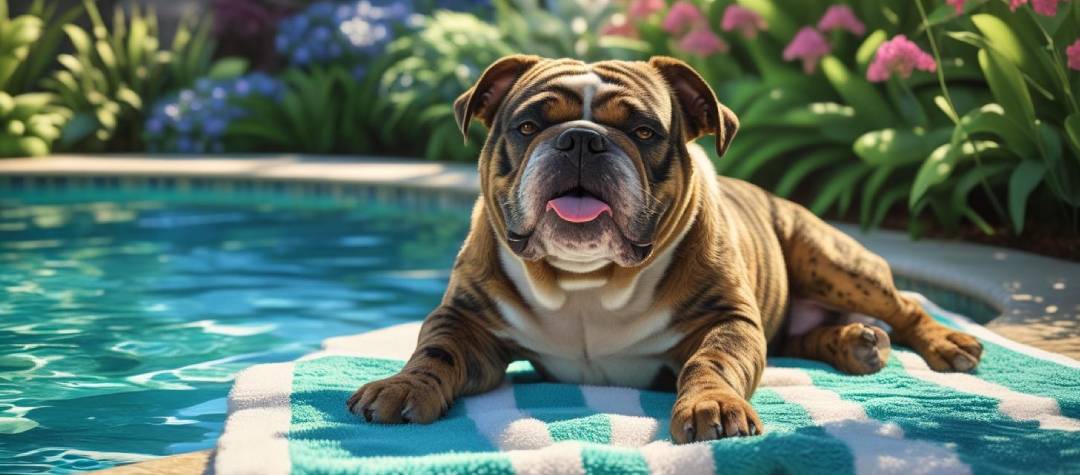 English Bulldog by the pool