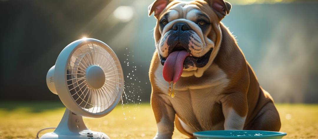 Bulldog with heat sensitivity in front of a fan.