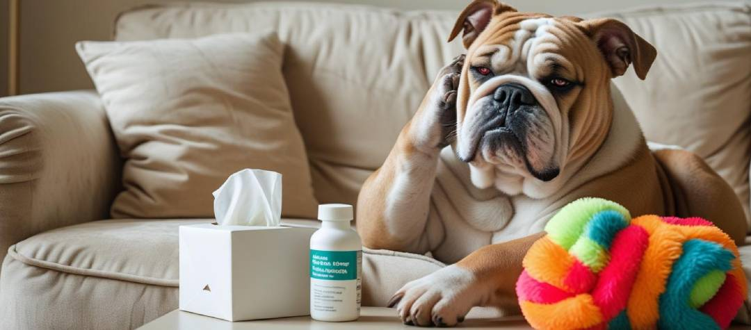 bulldog with allergies sitting uncomfortably on a couch with his toy.