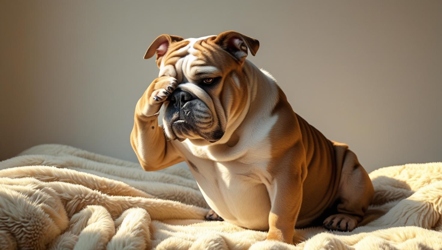 Bulldog with skin fold dermatitis scratching its face.