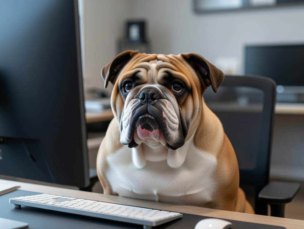 AI bios for rescues Bulldog sitting at a computer. AI bios for rescues