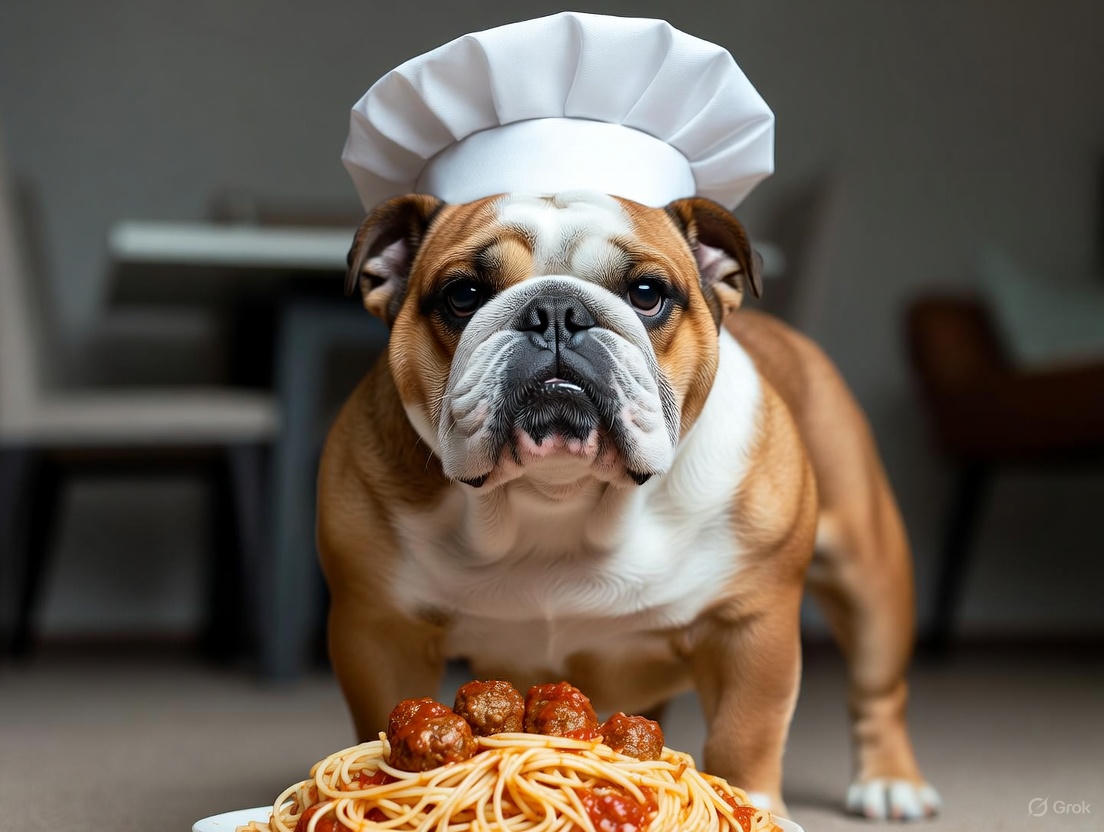 Bulldog with a plate of spaghetti.