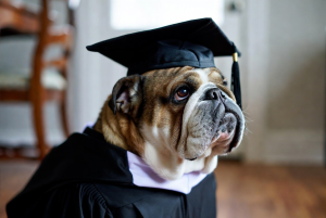 English Bulldog in a cap and gown.