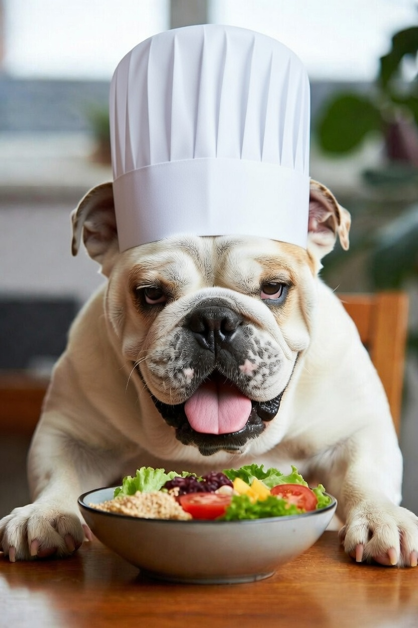 English Bulldog with a salad and wearing a chef;s hat.