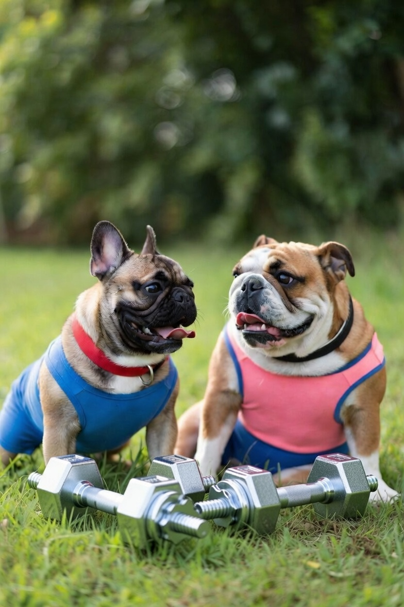 English and French bulldogs wearing exercise clothes and sitting next to dumbbells.
