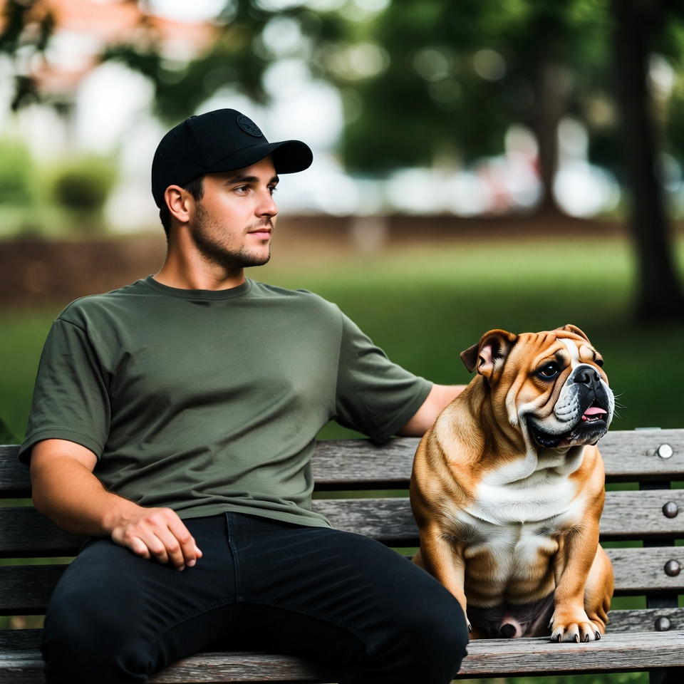 Man sitting on a bench with his English Bulldog.