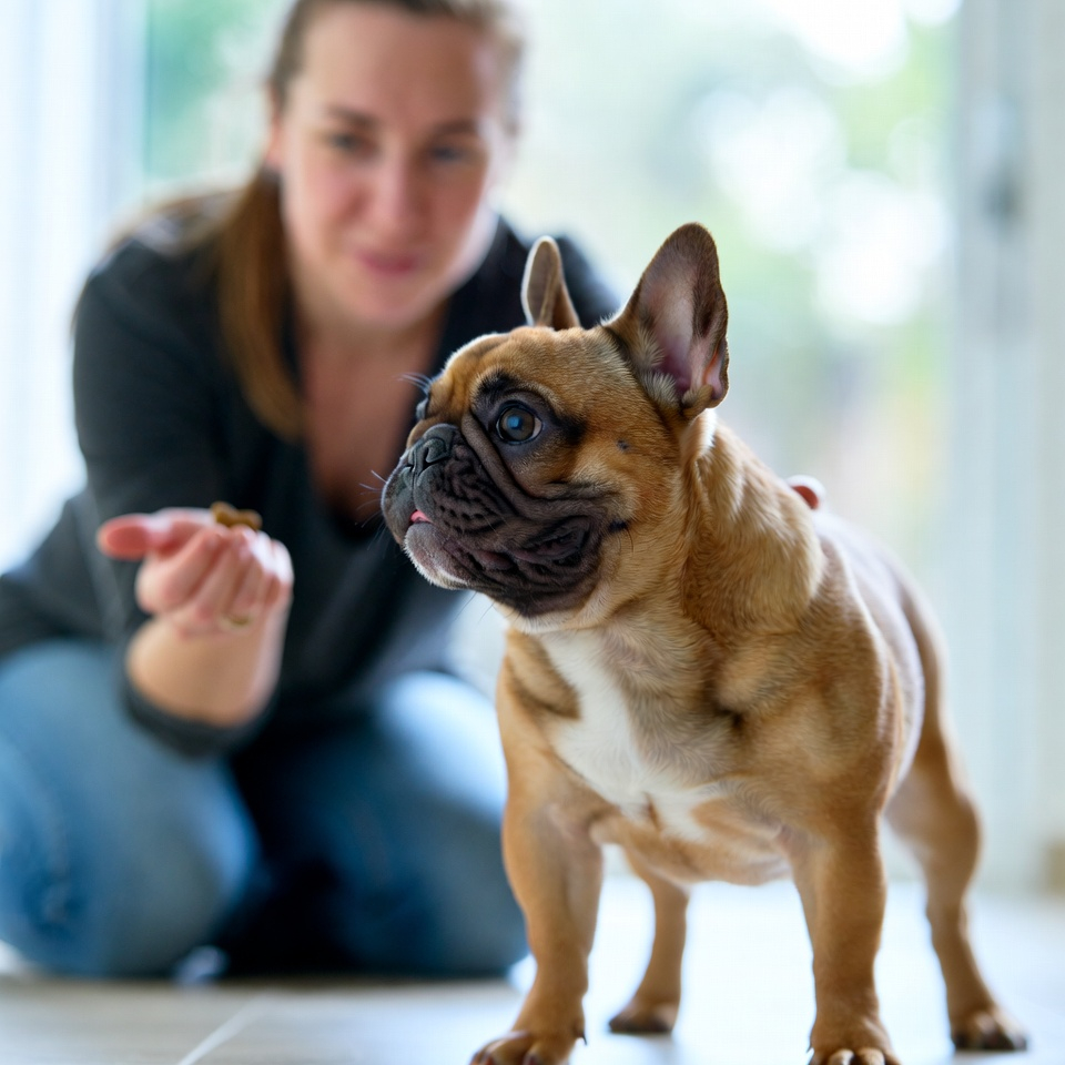 Frenchie being trained indoors Cute French Bulldog being trained indoors by a female dog trainer.