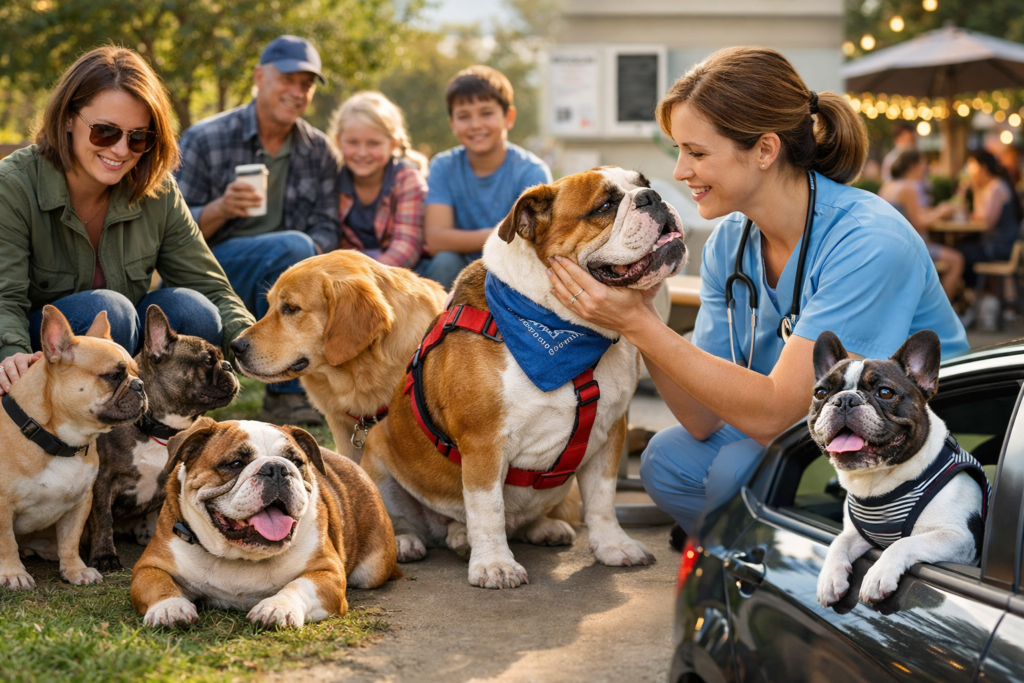 French Bulldogs and English Bulldogs socializing with people and other dogs.