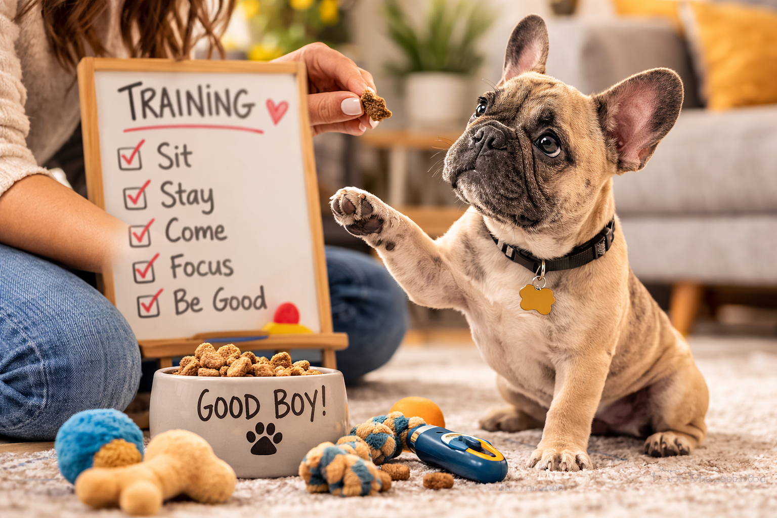 French Bulldog in training by a dry erase board.