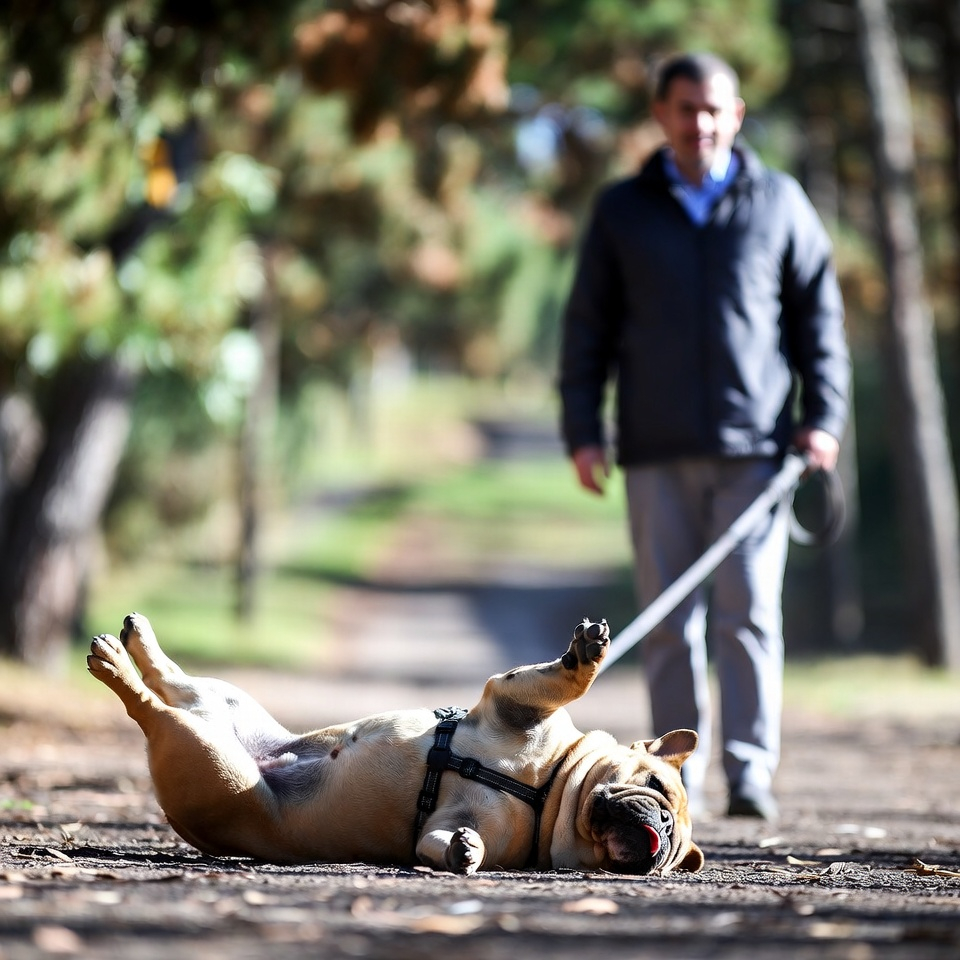 stubborn English Bulldog being trained Stubborn English Bulldog laying on its back while a trainer is near.